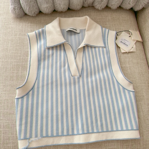 Sandro Aussy Striped Crop tank top constrast stitches size 0 XS 34 light blue - Picture 3 of 5